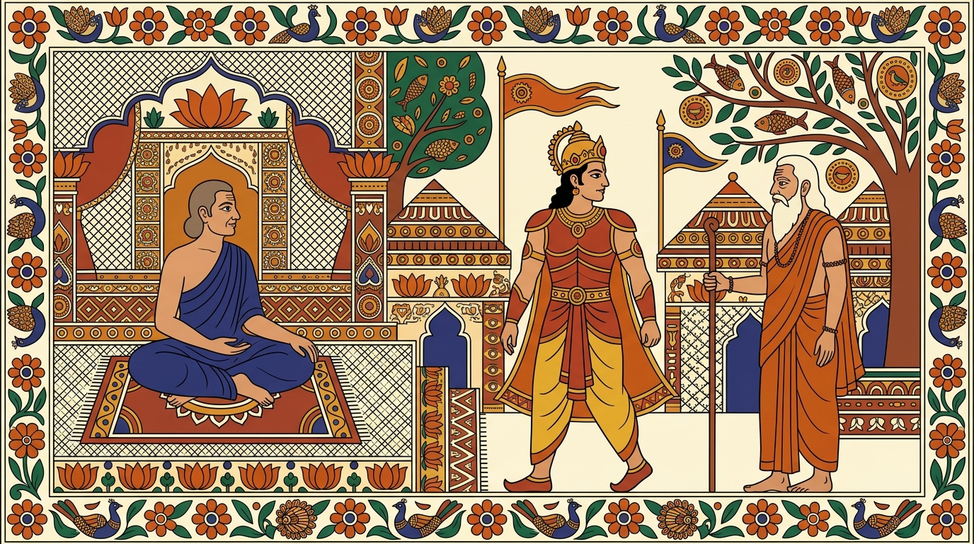 Madhubani-style painting of the vast Pandava army stretched across the plain like a dark ocean, with Prince Duryodhana watching from a distance before hurrying to his teacher Drona.