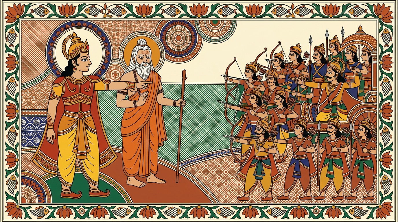 Madhubani-style painting of Duryodhana standing beside the old teacher Drona, gesturing toward the Pandava army arranged in battle formation by Dhrishtadyumna.