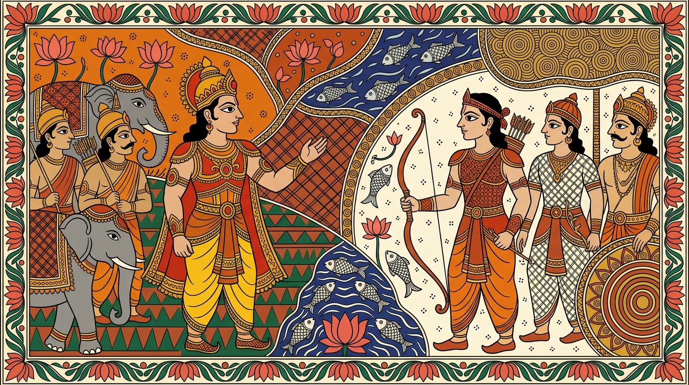 Madhubani-style painting of Duryodhana pointing across the battlefield, identifying the mighty Pandava heroes and great archers lined up against his army.
