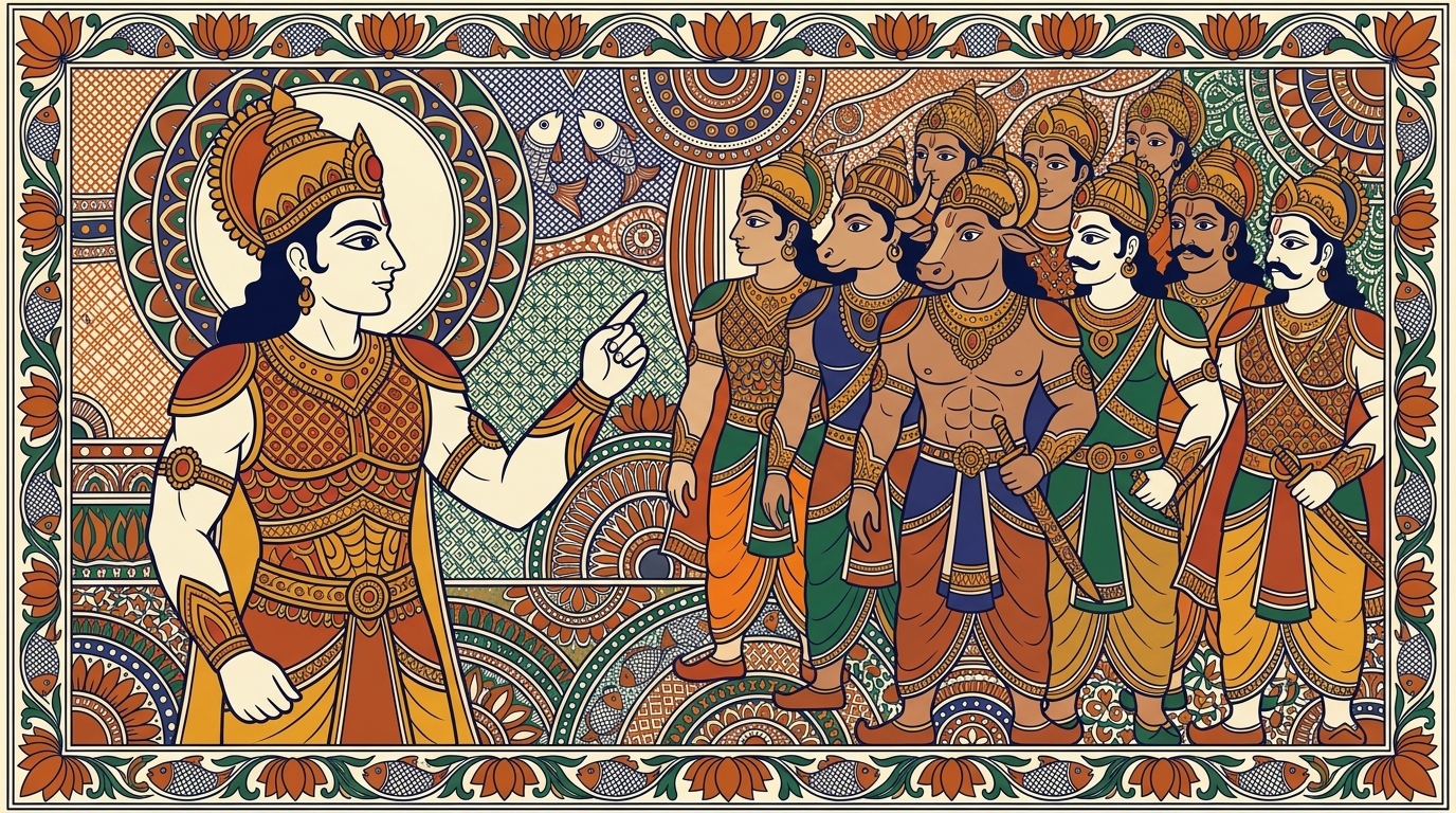 Madhubani-style painting of the noble King Shibi seated on his throne, offering his own flesh to save a pigeon from a hawk, illustrating the courage of warriors like those in the Pandava army.