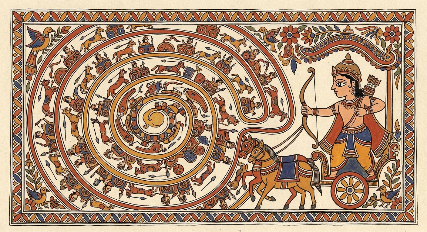 Madhubani-style painting of young Abhimanyu standing among the Pandava warriors, war drums hammering around him as he prepares for his first battle.
