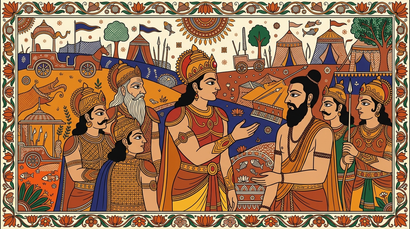 Madhubani-style painting of Duryodhana huddled with his commanders, naming the leaders on his own side to rally their confidence before the battle.