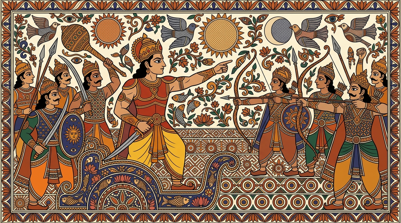 Madhubani-style painting of a king calling for help from a dark ravine, surrounded by warriors who have pledged their lives for Duryodhana's cause.
