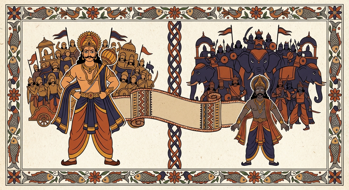 Madhubani-style painting of a thin donkey draped in a tiger skin, illustrating the hidden double meaning in Duryodhana's boast about his army's strength.