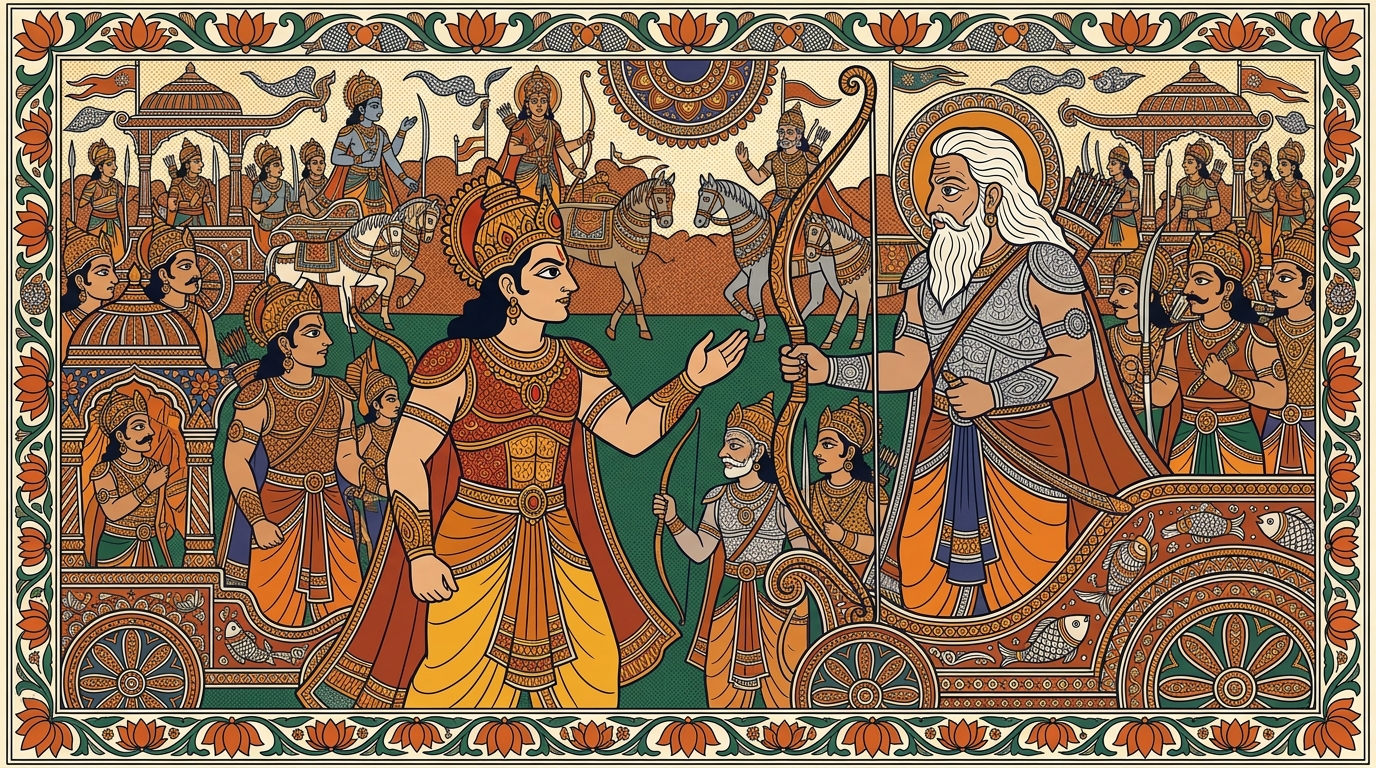 Madhubani-style painting of Duryodhana urgently commanding his warriors to protect Bhishma from every direction, his hands shaking with nervous energy.