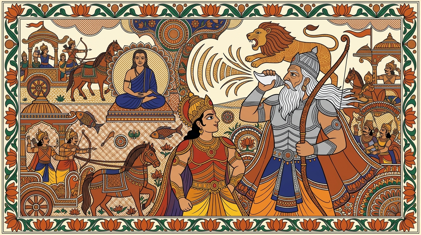 Madhubani-style painting of the mighty Bhishma roaring like a lion and blowing his conch shell with a thunderous blast, filling the battlefield with sound.