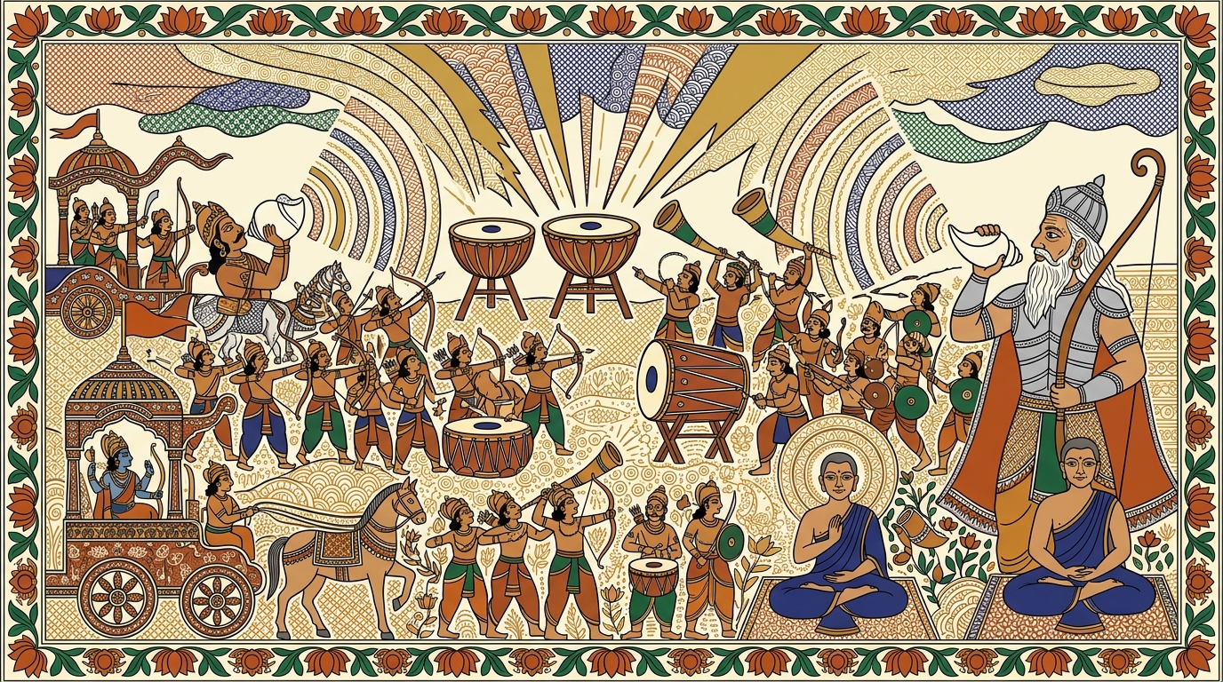 Madhubani-style painting of the Kaurava army erupting with noise as conch shells, kettledrums, tabors, and war horns all sound together in a tremendous roar.