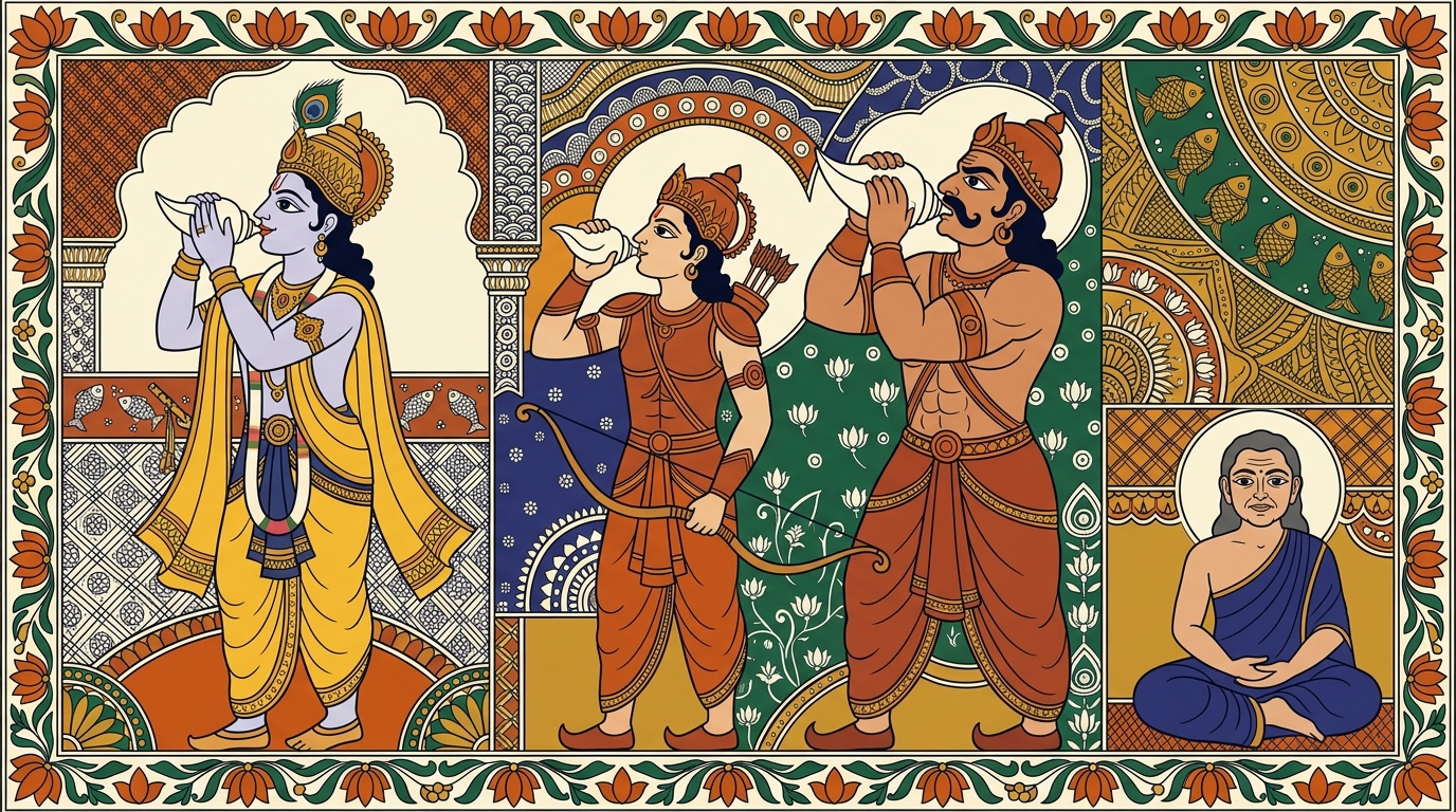 Madhubani-style painting of Krishna holding the conch Panchajanya and Arjuna holding Devadatta, while Bhima raises his enormous conch Paundra, each instrument with its own name and character.