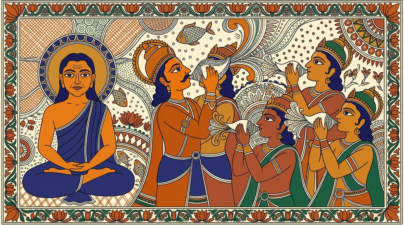 Madhubani-style painting of King Yudhishthira and the twins Nakula and Sahadeva each blowing their named conch shells, their five voices joining into one powerful song across the field.