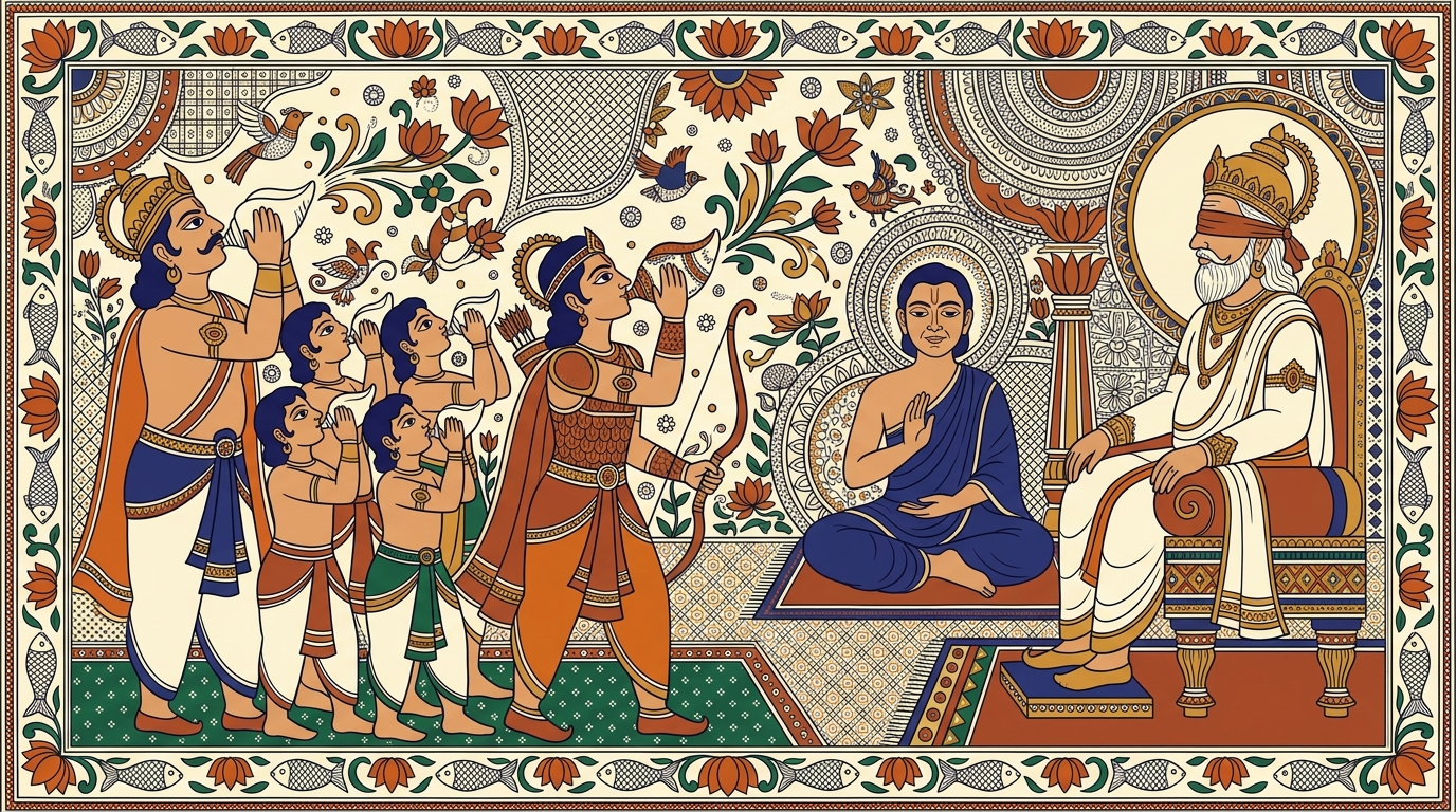Madhubani-style painting of sixteen-year-old Abhimanyu blowing his conch shell alongside King Drupada and the sons of Draupadi, each warrior sounding their horn one after another.