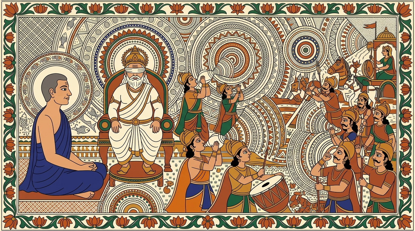 Madhubani-style painting of the Kaurava army recoiling as the tremendous Pandava war cry echoes through the sky and earth, shattering their courage.