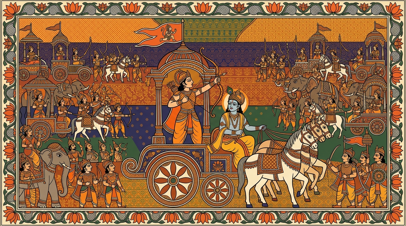 Madhubani-style painting of Arjuna raising his great bow Gandiva in his chariot flying the flag of Hanuman, looking across at the Kaurava army as battle is about to begin.