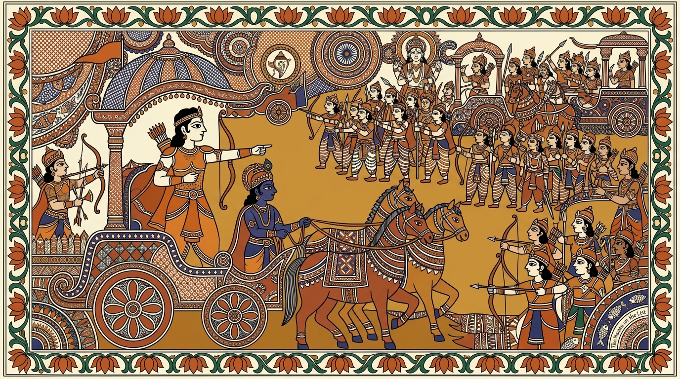 Madhubani-style painting of Arjuna studying the faces of the warriors assembled for battle, wanting to know each opponent he must face in this great war.