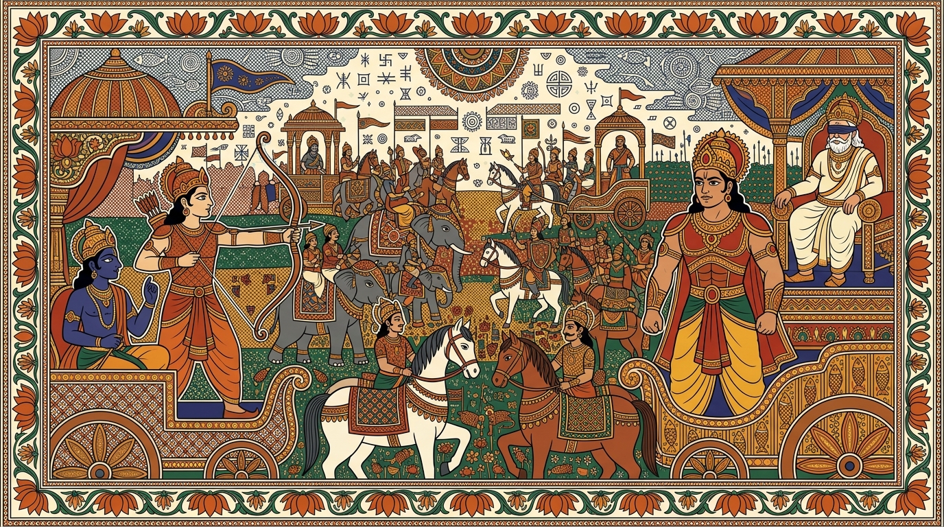Madhubani-style painting of Arjuna peering at the enemy ranks, recognising the warriors who have gathered to please Duryodhana and fight against the Pandavas.