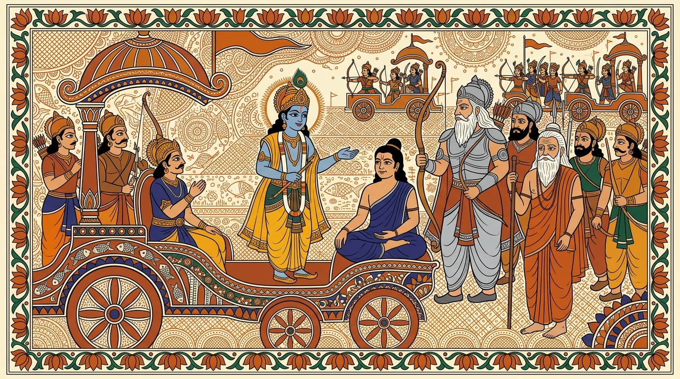 Madhubani-style painting of Krishna gesturing broadly toward the assembled Kuru warriors, telling Arjuna to look carefully at all who stand before them.