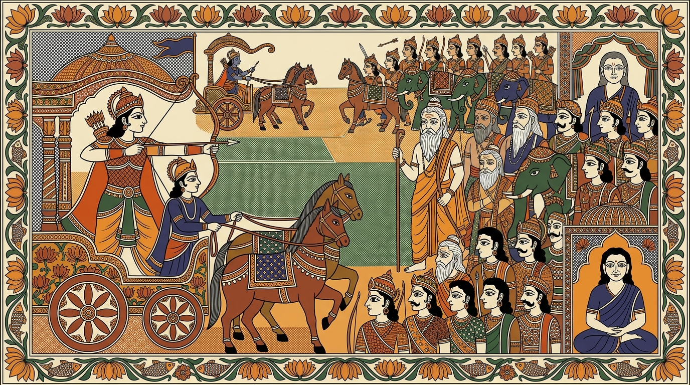 Madhubani-style painting of Arjuna gazing across both armies and recognising the faces of fathers, grandfathers, teachers, uncles, brothers, sons, and friends on every side.