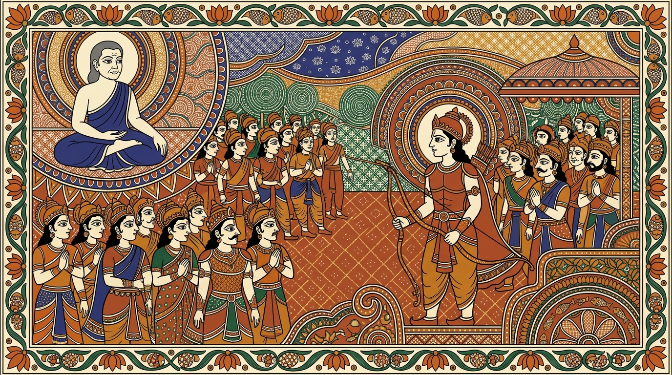 Madhubani-style painting of Arjuna overwhelmed with sorrow, seeing fathers-in-law and loved ones in both armies, his face flooded with deep compassion.
