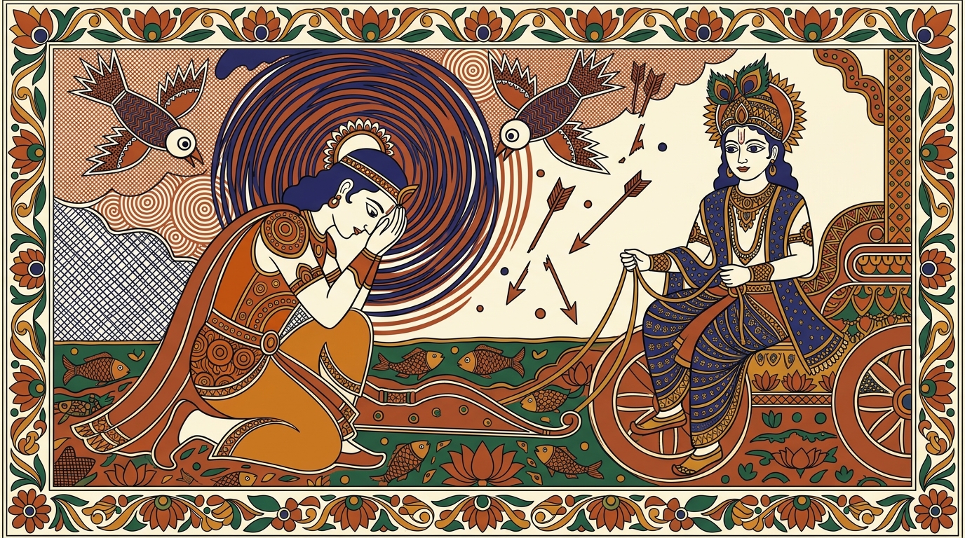 Madhubani-style painting of Arjuna unable to stand still in his chariot, his mind spinning with dark omens, telling Krishna he sees no good in killing his own family.