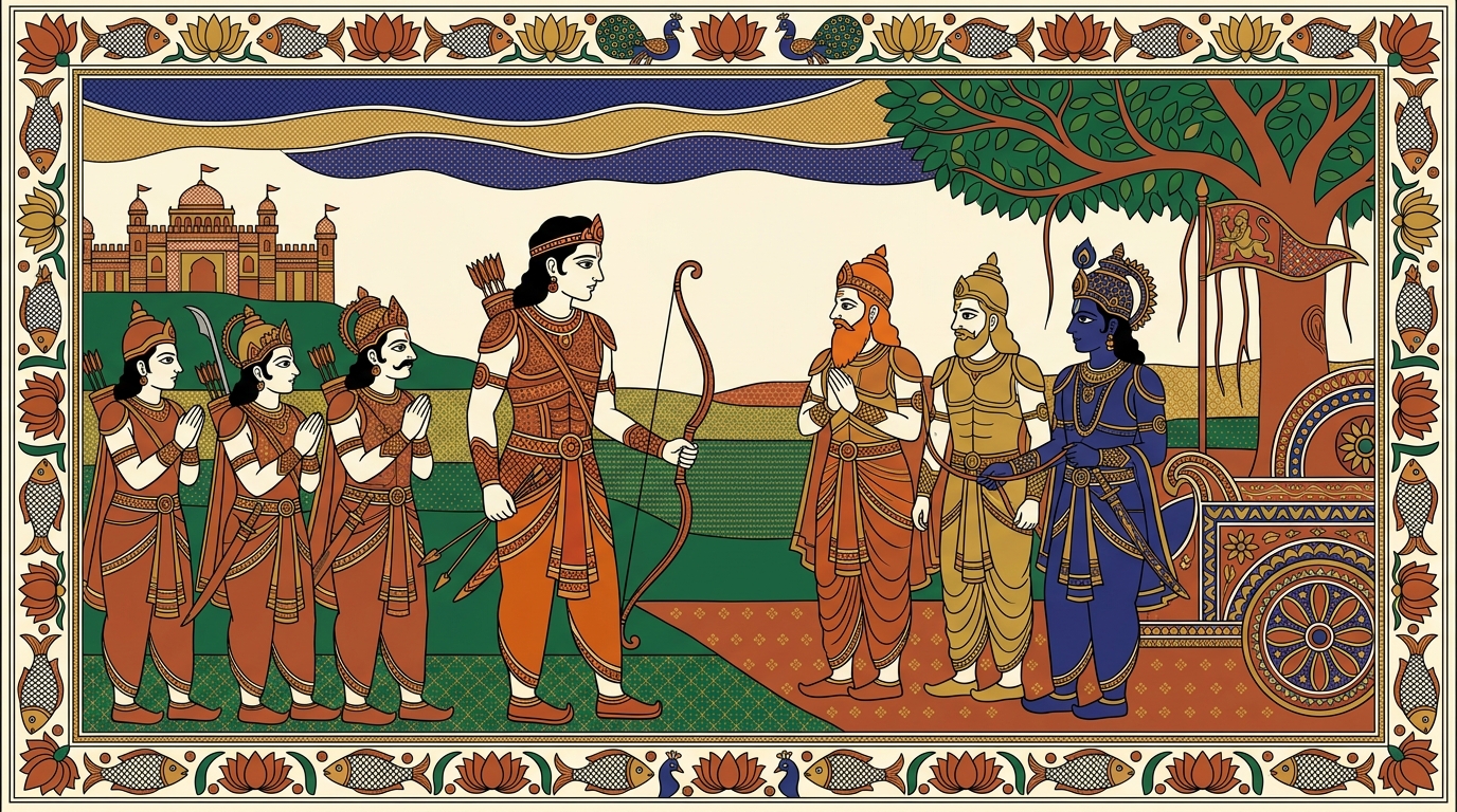 Madhubani-style painting of Arjuna looking at the warriors who stand ready to die, realising that the very people he would enjoy a kingdom with are the ones he must fight.