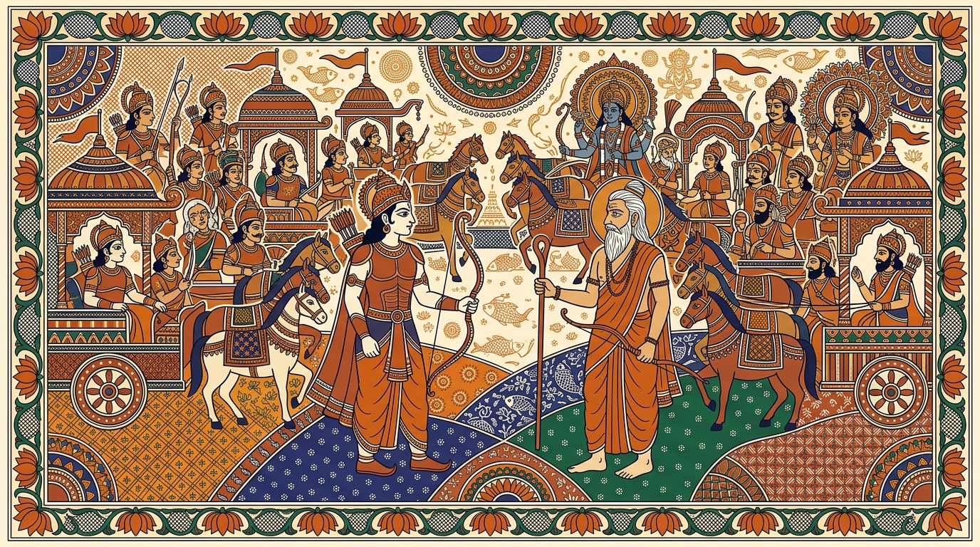 Madhubani-style painting of Arjuna naming the relatives he sees — teachers, fathers, sons, grandfathers, uncles — a long wall of family names stretching across both armies.