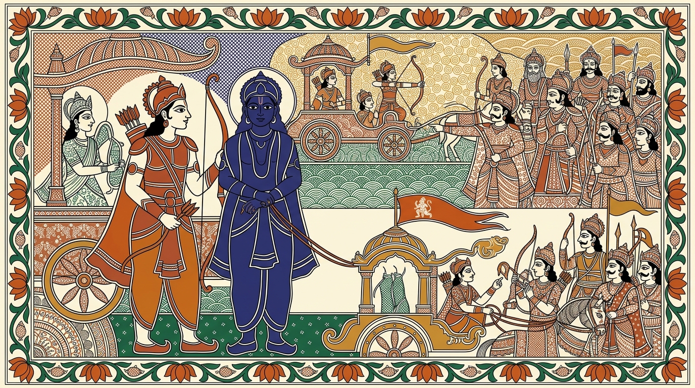 Madhubani-style painting of Arjuna refusing to raise his weapons, declaring he would not kill these people even for sovereignty of three worlds, not even if they kill him.
