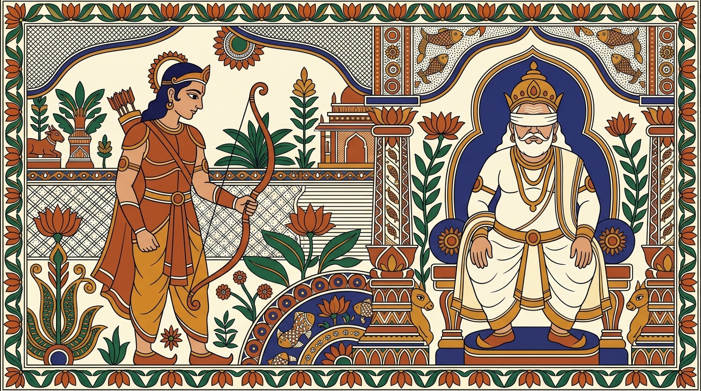 Madhubani-style painting of Arjuna agonising over the battle, seeing only sin in killing the sons of Dhritarashtra, with no victory worth the cost.