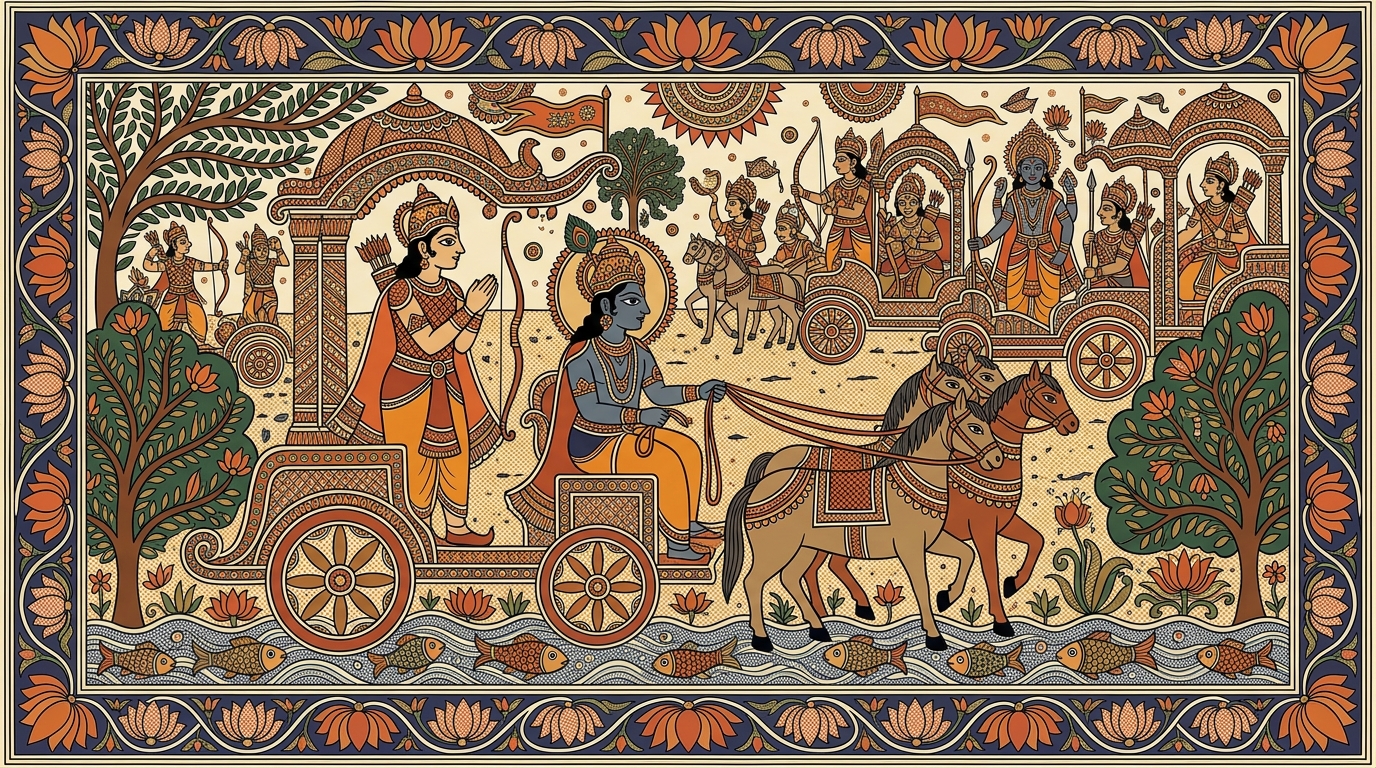 Madhubani-style painting of Arjuna arguing for the courage to walk away from battle, asking why those who see the sin of family destruction should not turn back.
