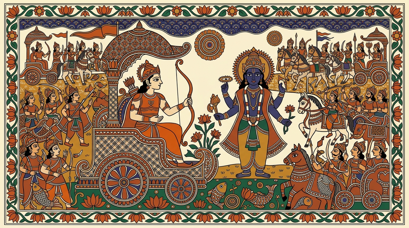 Madhubani-style painting of an elderly grandmother singing ancient family songs while cooking, illustrating Arjuna's fear that when a family is destroyed, its sacred traditions perish forever.