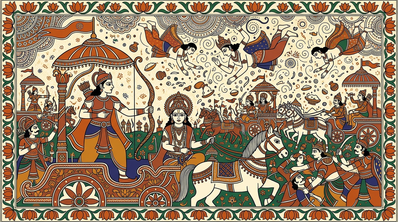 Madhubani-style painting of an ancient temple whose bell has stopped ringing, illustrating Arjuna's grief that when families fall, the ancestors lose their sacred offerings.