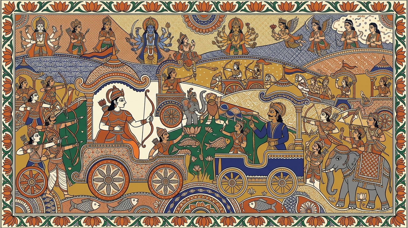 Madhubani-style painting of an elderly woman speaking a vanishing language in a mountain village, illustrating Arjuna's fear that family destruction erases eternal traditions.