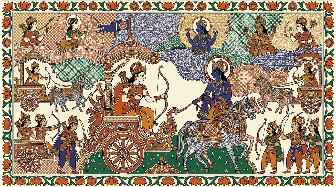 Madhubani-style painting of Arjuna crying out in anguish — the word 'alas' escaping him — horrified that greed for a kingdom has led them to the brink of killing their own kin.
