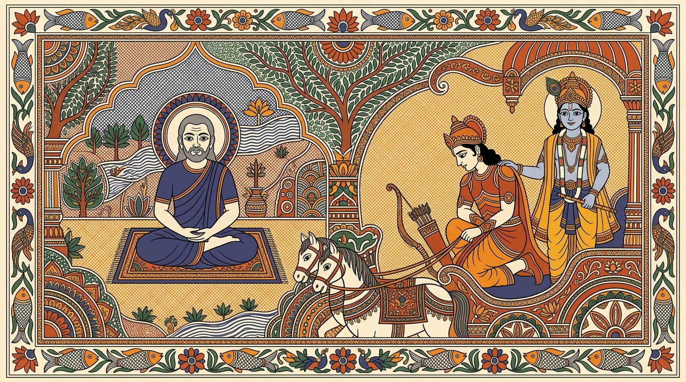 Madhubani-style painting of Arjuna slumped in his chariot with eyes closed, having spoken his final words 'I will not fight' to Krishna, as silence falls over the battlefield.