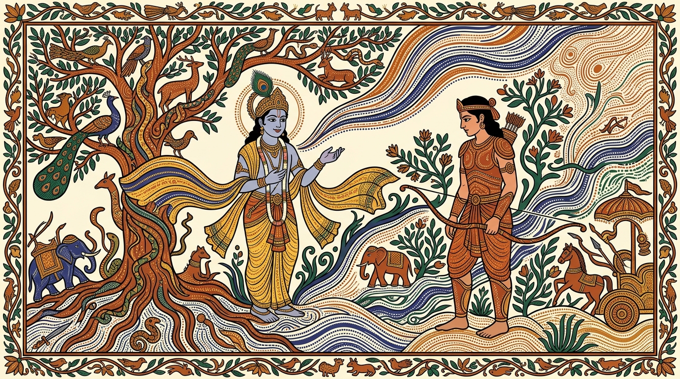 Gond-style painting of Krishna speaking firmly to Arjuna, challenging his weakness the way a coach confronts a struggling athlete at halftime.