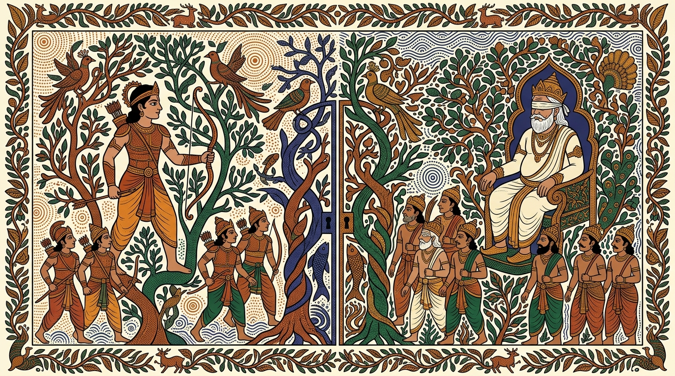 Gond-style painting of Arjuna gazing at the Kaurava and Pandava armies from his chariot, unable to decide whether conquering or being conquered is better.