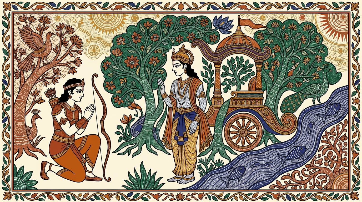 Gond-style painting of Arjuna bowing before Krishna with folded hands, surrendering as a disciple and asking Krishna to teach him the right path.