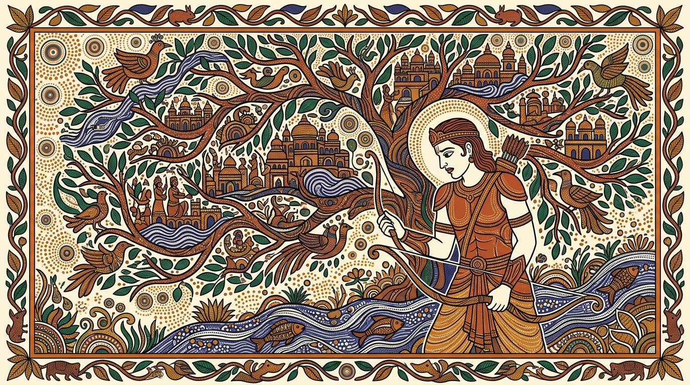 Gond-style painting of Arjuna slumped in despair, confessing that even lordship over all the kingdoms of the earth could not remove the grief drying up his senses.