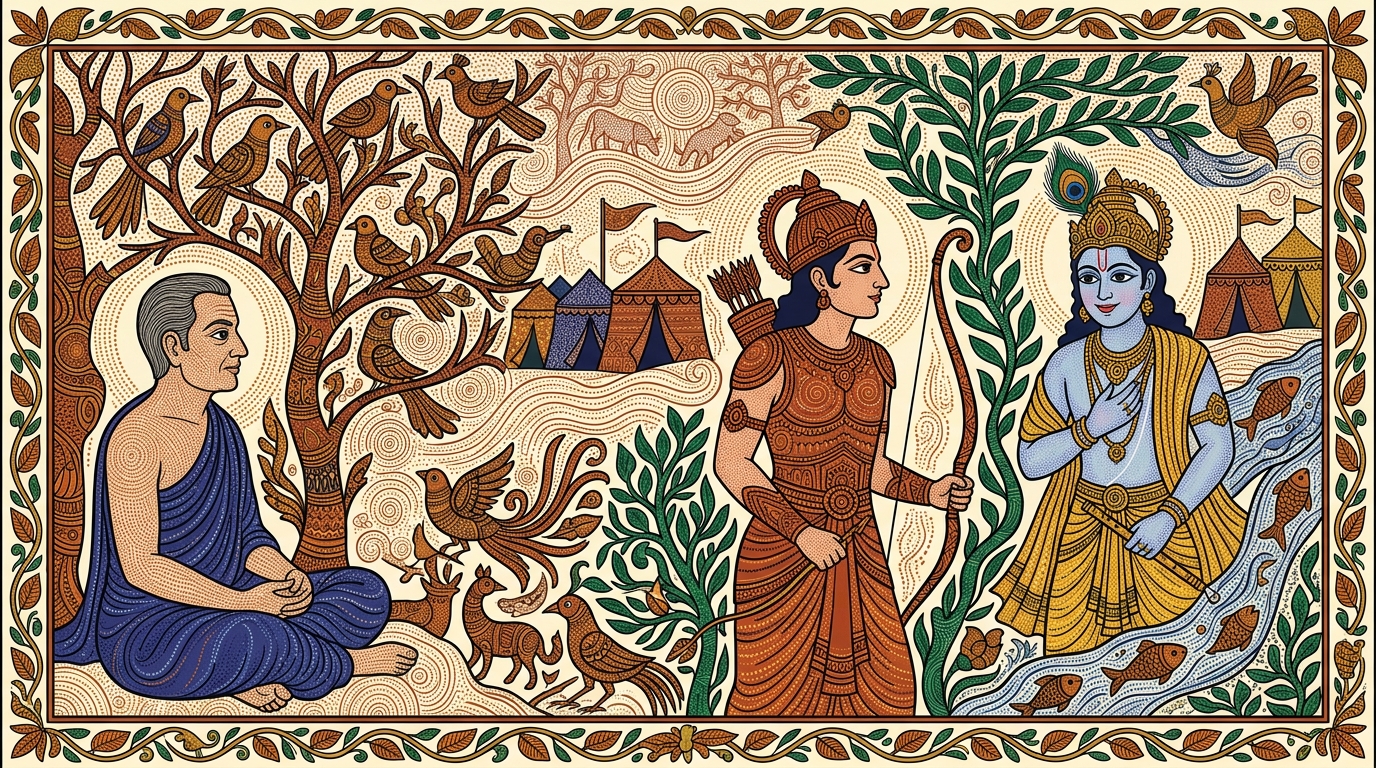 Gond-style painting of blind King Dhritarashtra gripping his throne in the distant palace of Hastinapura, as Sanjaya reports that Arjuna has declared he will not fight.