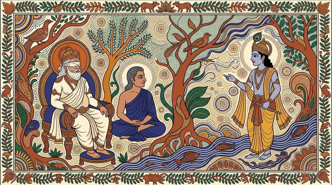 Gond-style painting of Krishna smiling gently at the grieving Arjuna between the two armies, a smile that holds both compassion and the promise of wisdom to come.