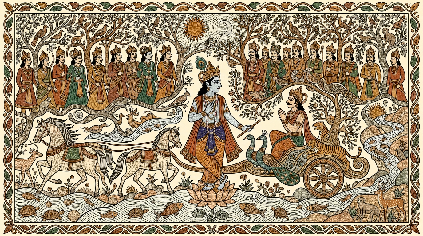 Gond-style painting of Krishna sweeping his hand across the horizon of Kurukshetra, declaring that he, Arjuna, and all these warriors have always existed and always will.