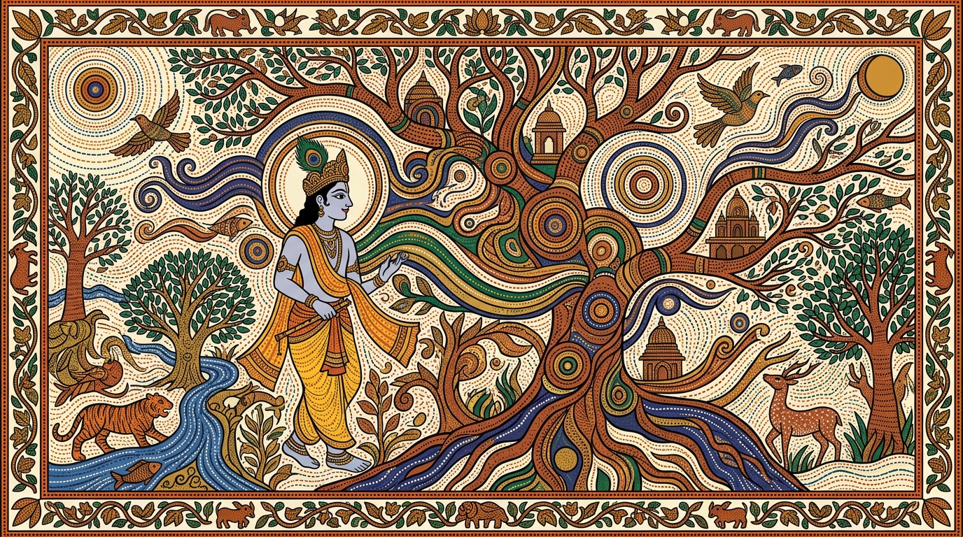 Gond-style painting of a grandmother's hands stained with colour working on a painting that can be washed but whose canvas endures, illustrating the indestructible soul pervading all things.