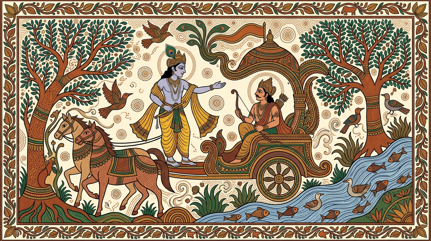 Gond-style painting of Krishna's voice shifting to a command as he tells Arjuna that bodies are perishable but the soul is eternal — therefore he must fight.