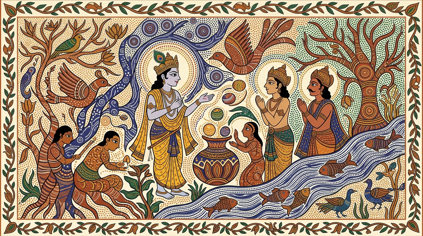Gond-style painting of an ancient king named Janashruti listening to sages speak about the soul, illustrating that the soul neither kills nor is killed.