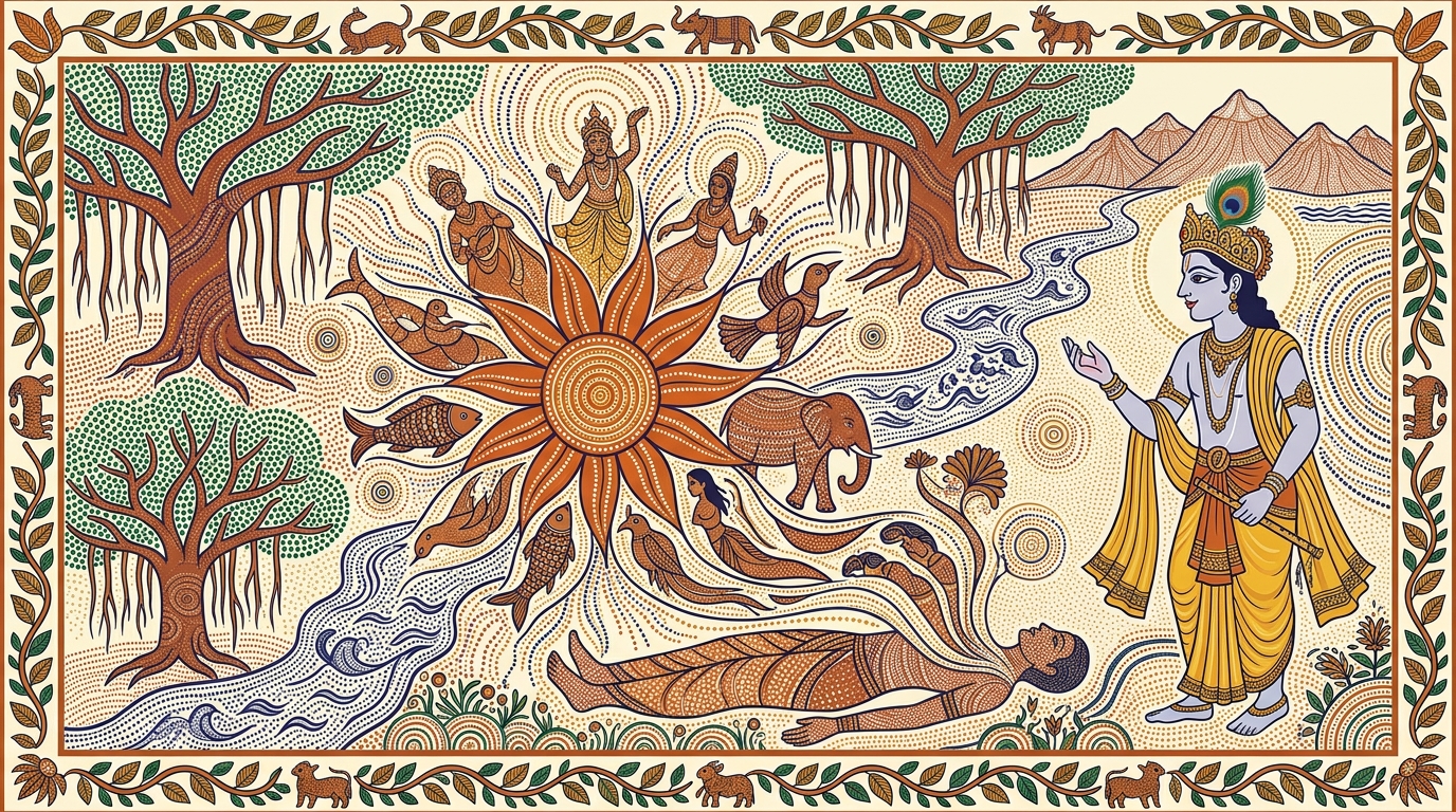 Gond-style painting of Krishna speaking slowly and deliberately on the battlefield, delivering the heart of his teaching — that the soul is never born and never dies.