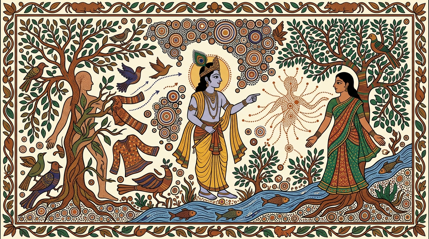 Gond-style painting of an old trunk being opened on a rainy afternoon, with worn-out garments being set aside for new ones — illustrating how the soul changes bodies like changing clothes.