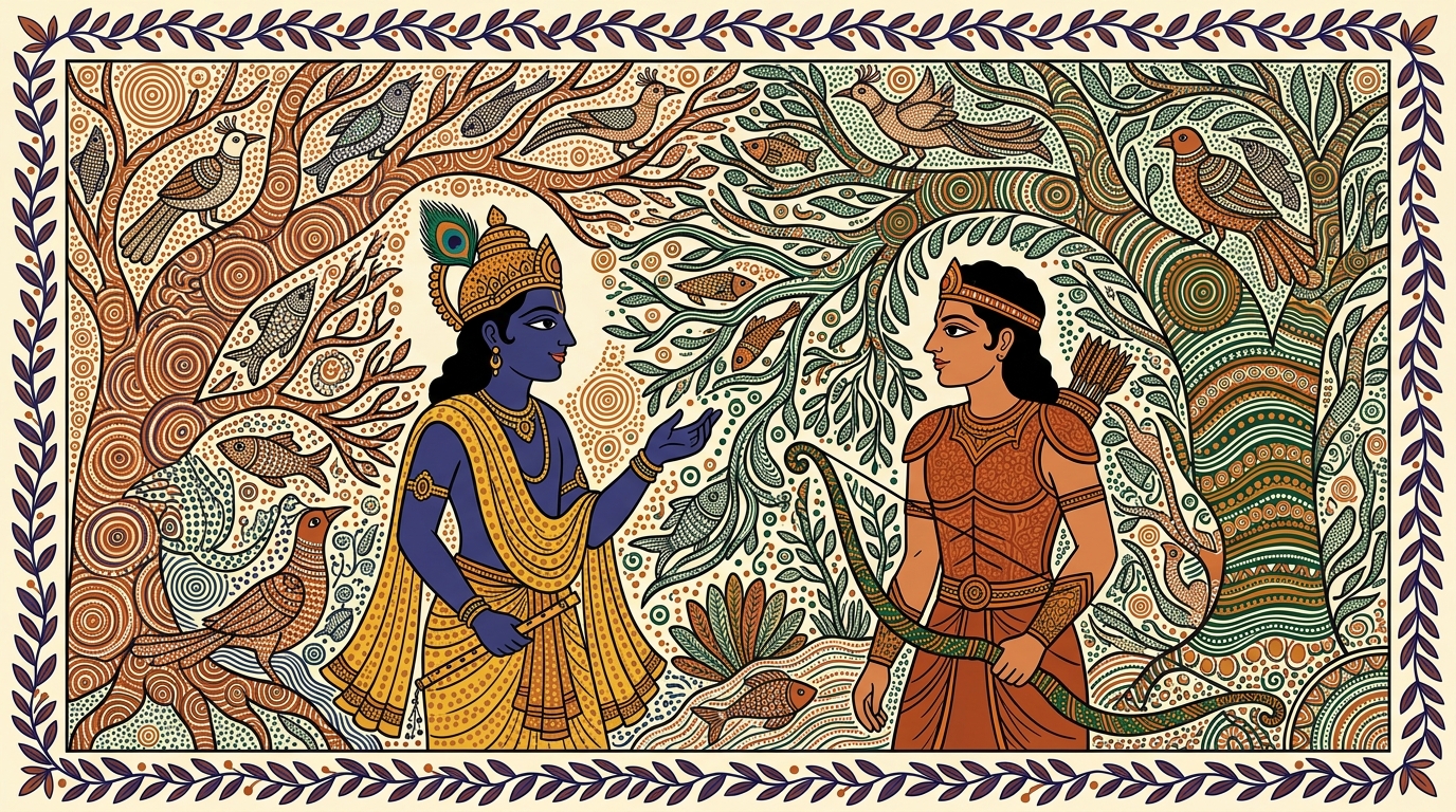 Gond-style painting of Krishna speaking with the precision of a chess player who sees three moves ahead, offering the argument that even if the soul were mortal, there would be no reason to grieve.