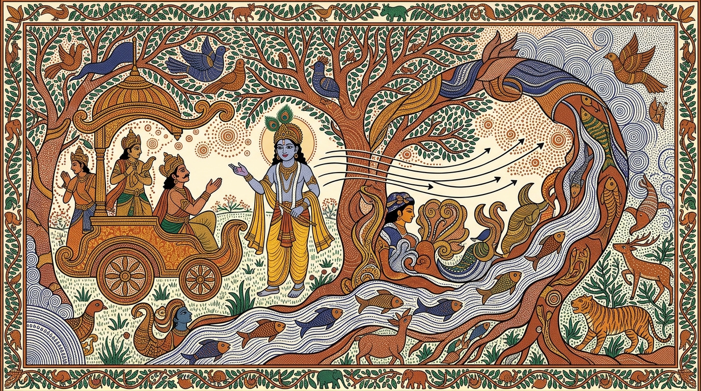 Gond-style painting of an oil lamp burning down to a stub in a temple alcove as night turns to dawn, illustrating that for the born death is certain and for the dead birth is certain.