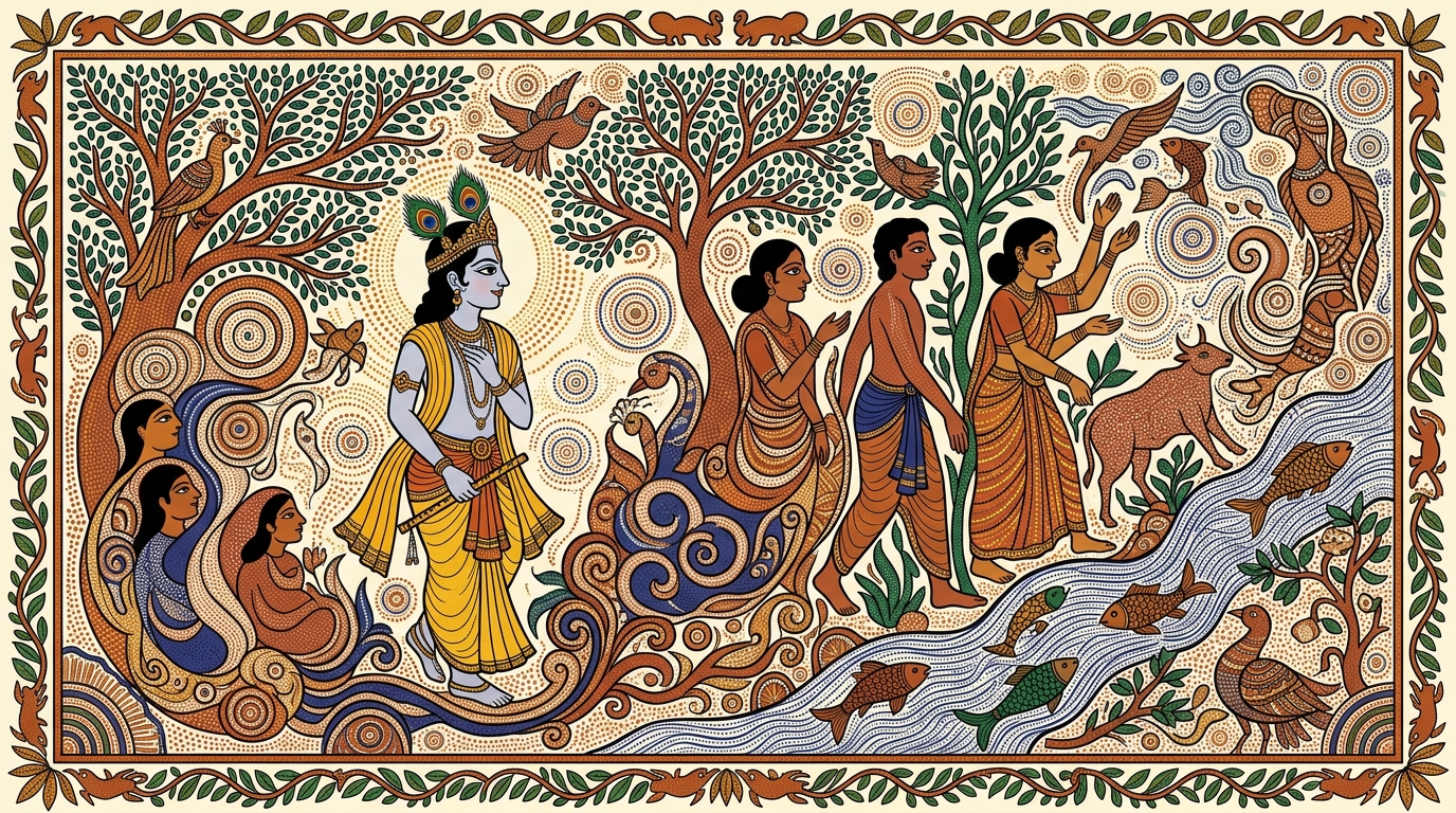 Gond-style painting of Krishna sweeping his hand across the Kurukshetra plain, explaining that beings are unmanifest before birth and after death, visible only briefly in between.
