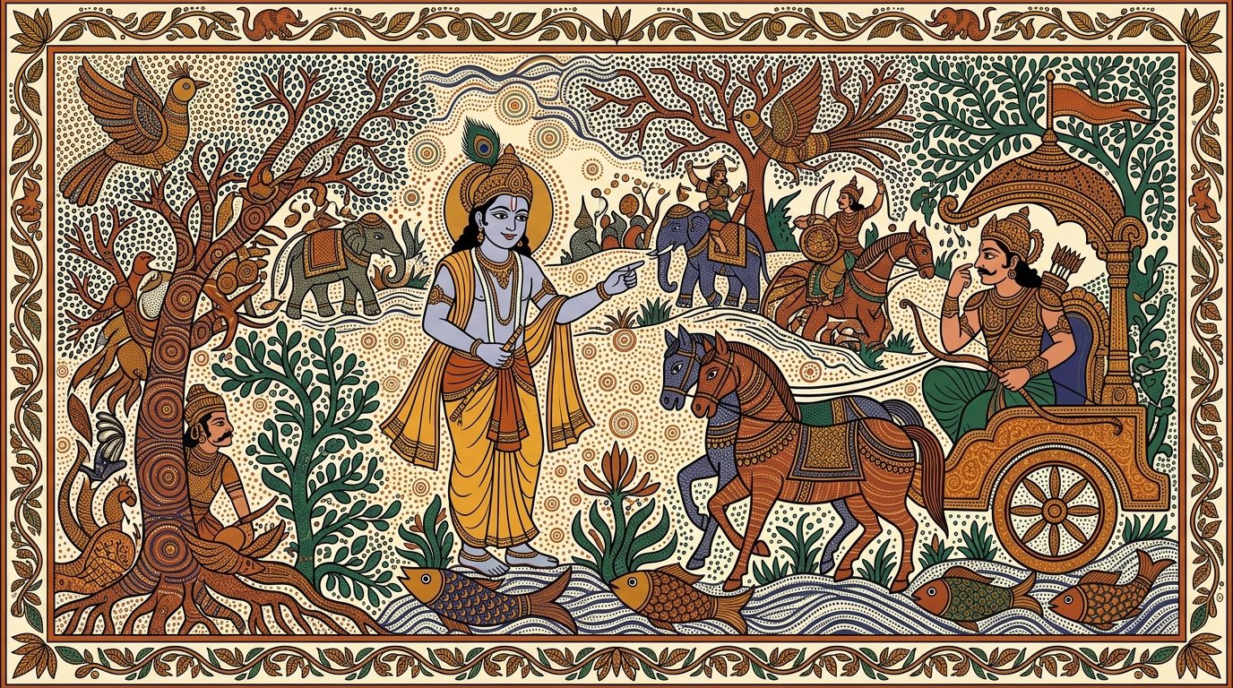 Gond-style painting of a boy witnessing an injustice and carrying the silence home with him, illustrating Krishna's warning that refusing a righteous fight brings lasting sin.