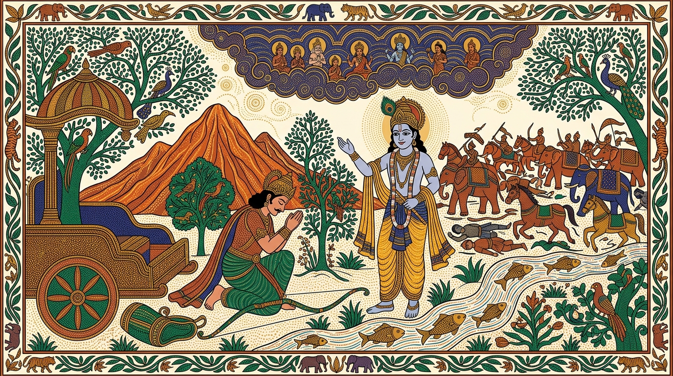 Gond-style painting of Krishna closing his logical argument like a trap — slain, Arjuna wins heaven; victorious, he enjoys the earth. Either way, he cannot lose by fighting.