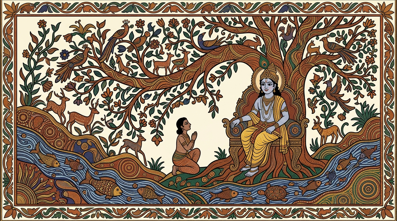 Gond-style painting of a large Gond painting spread on a veranda floor held down by river stones, with one branch of a tree carefully being filled in — illustrating that even a little effort on this path is never wasted.